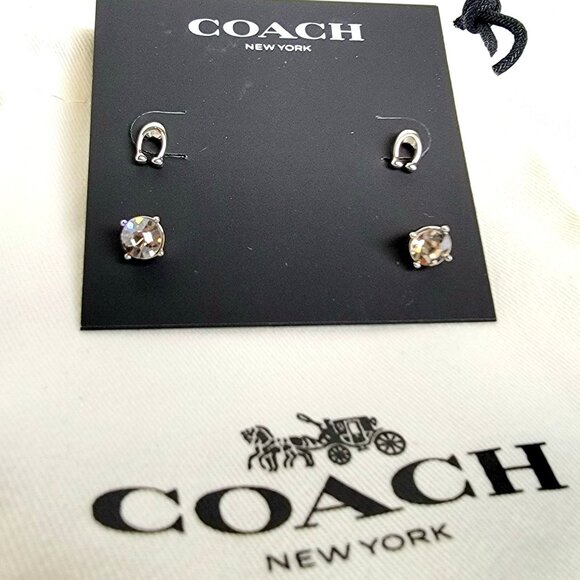 Coach Signature C & Stone Stud Earrings Set Silver Butterfly Close New With Tags - Picture 3 of 13